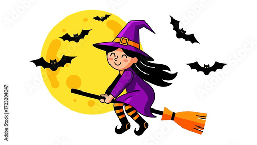 Halloween Witch's Night Flight: A charming cartoon witch, adorned in a purple dress and pointy hat, soars across the night sky on a broom, accompanied by silhouette bats in a playfully spooky scene.