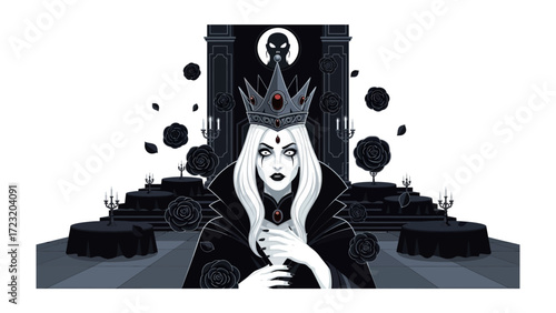 Regal Enigma: A majestic queen, adorned in a striking black gown and jeweled crown, reigns with an air of mystery in a gothic chamber, hinting at dark secrets.