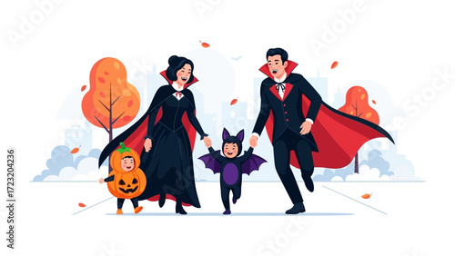 Halloween Family Parade: A spirited family, adorned in classic Halloween attire, merrily marches along a festive pathway, celebrating the season of enchantment and joy. 
