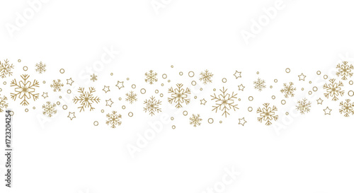 Golden snowflakes and stars border on a white background.