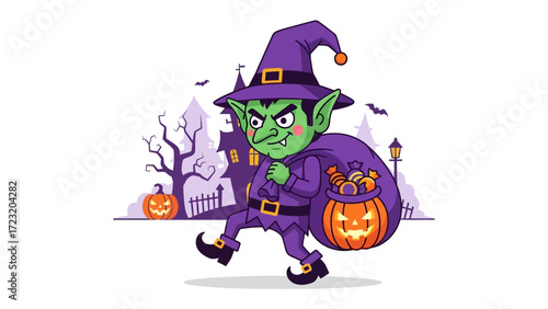 Whimsical Halloween Goblin: An illustration of a vibrant Halloween goblin strides playfully through a spooky Halloween scene, a brimming bag of treats slung over its shoulder.