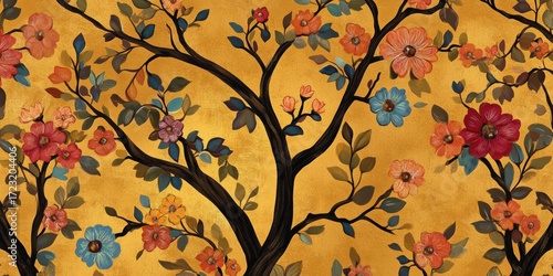 Tree with many flowers is painted in gold