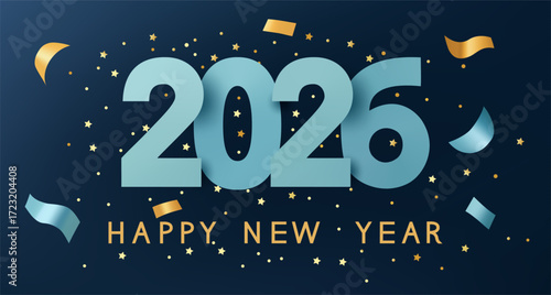 Happy New Year 2026, blue paper numbers and gold inscription.