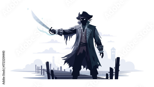 Mysterious Pirate by the Pier: A dark, enigmatic pirate, silhouetted against a moody skyline, clutches a glowing sword, adding a touch of fantasy to the rugged landscape.