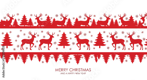 Stunning red reindeer and pine tree holiday border with snowflakes creates a festive winter wonderland for Christmas greetings