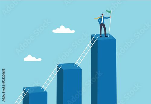 Step to grow business, ladder of success, progress, improvement or development to achieve goal, growth journey, career path concept, businessman climb up ladder step by step on graph to achieve goal.