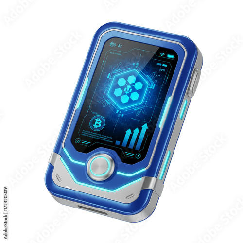 Modern cryptocurrency hardware wallet with vibrant glowing interface showcasing secure digital assets and rising value, perfect for fintech and blockchain innovation