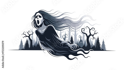 Spooky Apparition in Whispering Woods: An illustration of a spectral being with a horrified expression floats through a chilling, shadowy woodland, embodying the essence of a haunted scene.