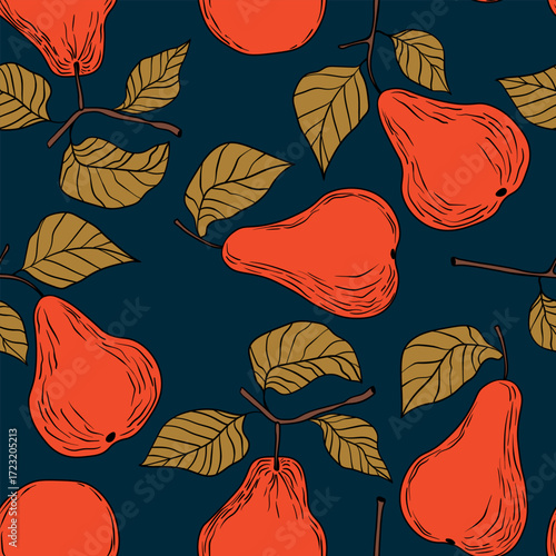 Seamless pattern with pear on color background. Natural delicious fresh ripe tasty fruit. Sweet pears with leaves. Food concept. Vector illustration for print, fabric, textile.