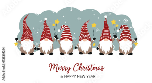 Charming Christmas gnomes with star ornaments wishing merry Christmas and happy new year for festive holiday designs and seasonal greetings
