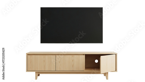 Light-colored wooden TV stand with a TV (1)