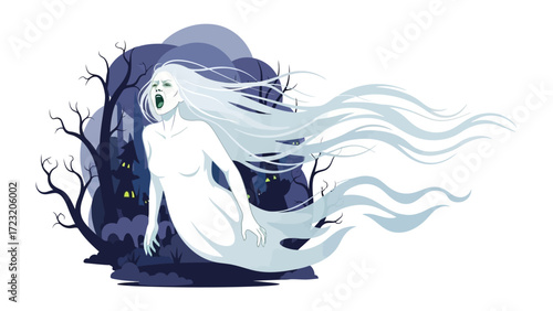 Ghostly Apparition in the Night: A spectral, translucent ghost glides through the eerie night, with a haunting wail and streaming hair, a timeless emblem of the supernatural. 