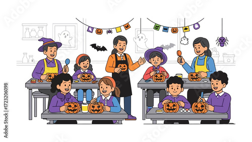 Spooky Pumpkin Carving: Children are joyfully engaged in a Halloween pumpkin carving activity, with teachers guiding them amidst festive decorations and fun costumes.