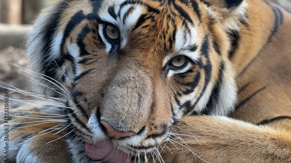 Obraz premium A tiger licks the palm of its front paw with its long tongue. A close-up of its face and tongue, one eye half-closed, licks its paw with rapt attention 