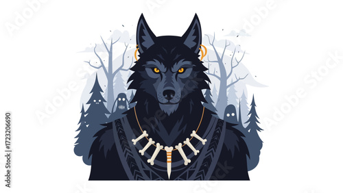 Mystical Wolf Illustration: A captivating illustration of a majestic wolf with piercing eyes stands tall against a backdrop of an eerie forest.