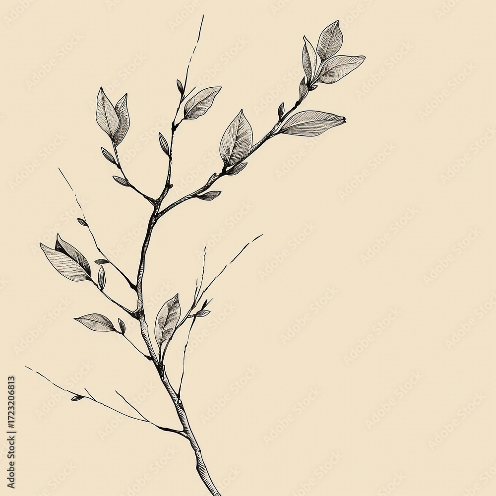 Obraz premium Elegant Botanical Illustration: Delicate Branch with Young Leaves on Beige Background