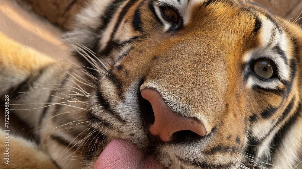 Fototapeta premium A tiger licks the palm of its front paw with its long tongue. A close-up of its face and tongue, one eye half-closed, licks its paw with rapt attention