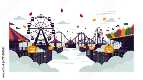 Enchanting Halloween Carnival: An enchanting illustration captures the spirit of Halloween with a whimsical amusement park scene, featuring vibrant rides, jack-o'-lanterns, and a playful atmosphere.