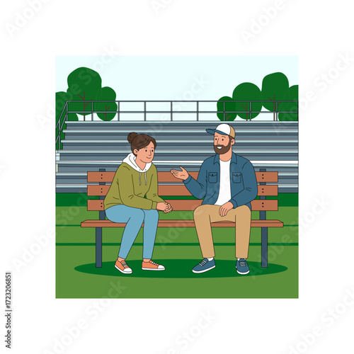 A vector illustration of a man and woman having a conversation on a park bench. They are relaxed, engaged in discussion.