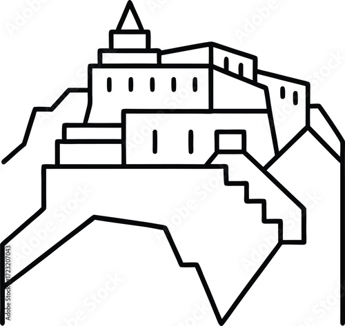 linear sketch of cliffside incan citadel aerial illustration on transparent