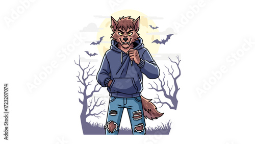 Spooky Werewolf illustration: A ferocious werewolf stands poised against a spooky night sky, a testament to the darker side of folklore, a character in illustration. 