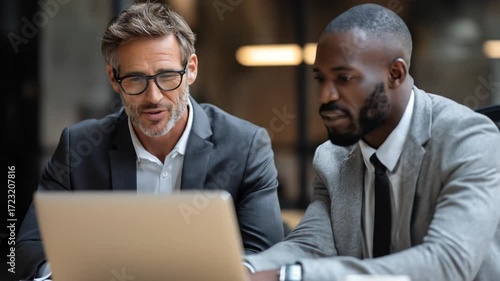 Two diverse businessmen collaborate, looking at a laptop screen together in a modern office