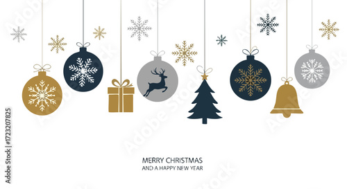 Elegant Christmas ornaments hanging from above create a festive holiday atmosphere