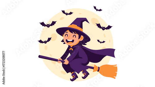 Spooky Witch Flight: A cartoon witch flies on her broom in a full moon, surrounded by bat silhouettes. This charming illustration evokes the magic and mystery of Halloween.