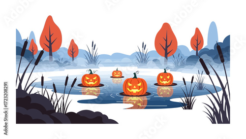 Spooky Pumpkin Floating in Pond: An ethereal scene unfolds as grinning jack-o'-lanterns float serenely upon a calm pond, casting a ghostly glow amidst the fall foliage.