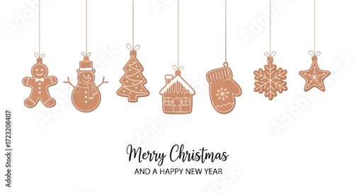 Delightful Christmas gingerbread cookies shaped like a man, snowman, tree, house, mitten, snowflake, and star hang suspended, wishing Merry Christmas and a Happy New Year.