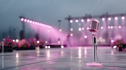 Pink Retro Microphone on a Wet Stage with Glowing Lights Against Foggy Background
