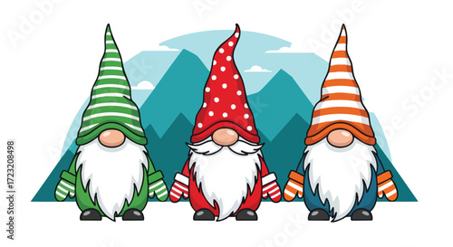 Charming whimsical gnomes trio illustration for festive holiday cards and cheerful seasonal decor accents with mountain background