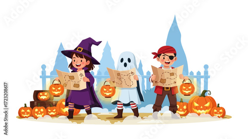 Halloween Treasure Hunt: A charming Halloween scene unfolds as a witch, a ghost, and a pirate, each clutching a map, embark on a whimsical treasure hunt.