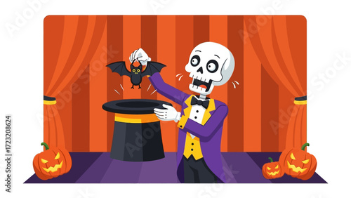 Halloween Skeleton Magic: A skeleton, dressed in a magician's outfit, conjures a bat from a hat amidst the Halloween backdrop of pumpkins and stage curtains.