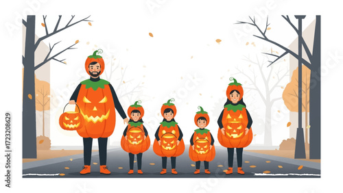 Family Halloween Celebration: A joyful family, dressed in matching pumpkin costumes, enjoys a festive autumn day, symbolizing the unity and celebration of the holiday.