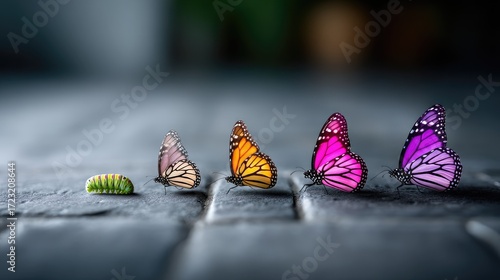 Pixelated Metamorphosis Sequence from Caterpillar to Butterfly on Gray Brick Background Representing Growth and Transformation With Vibrant Color Palette