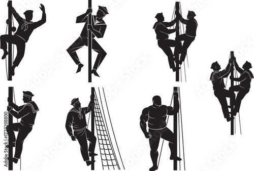Climbing silhouettes, pole climbers, rope net figures, teamwork pose, black uniform illustration, vertical motion, training concept, vector art, action scene