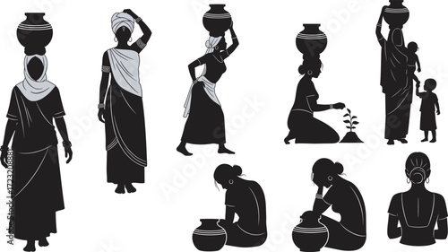 Traditional women silhouettes, rural lifestyle, pot carrying, planting, child care, cultural activity, black figures, household chores, vector art, heritage scene