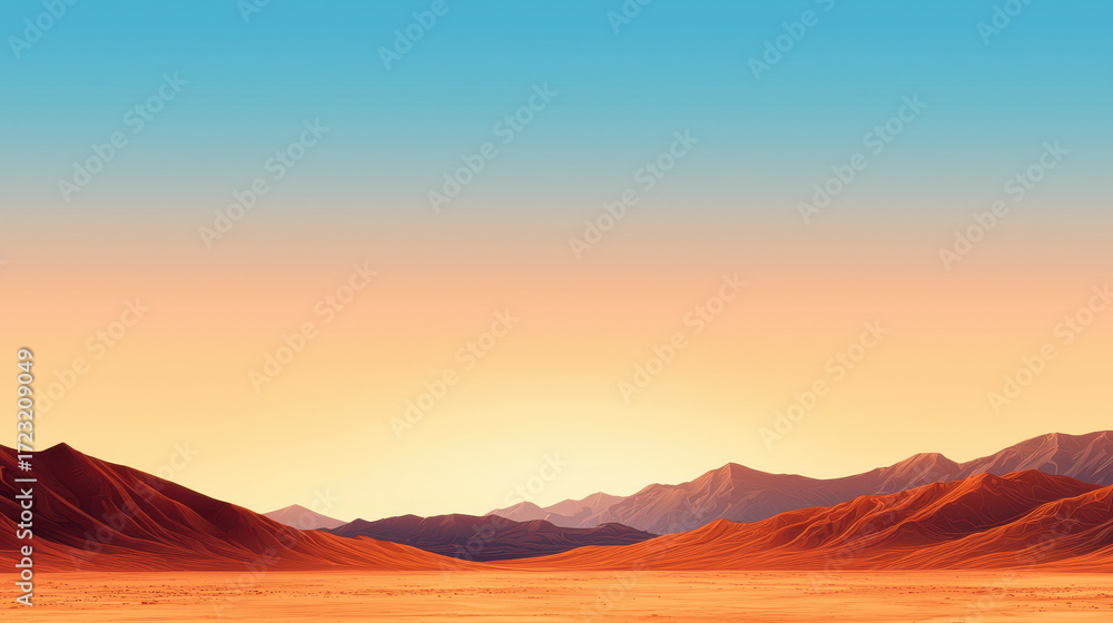 Fototapeta premium Serene desert landscape featuring rolling hills and gradient sky at sunset, evoking sense of tranquility and vastness