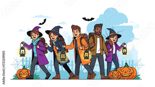 Spooky Trail: A whimsical illustration portrays a group of diverse friend dressed in Halloween attire, setting off down a trail on a cloudy day. 