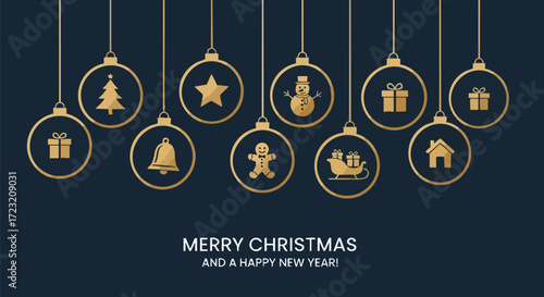 Elegant Christmas ornaments with tree, star, snowman, gifts, bell, gingerbread man, sleigh and house symbols for holiday greeting cards