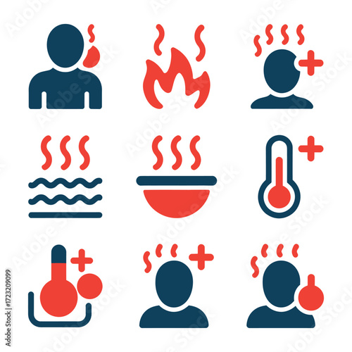Set of icons representing heat steam and temperature changes for wellness and health applications