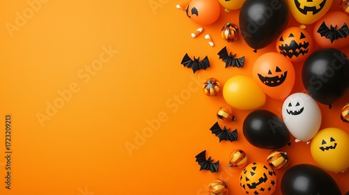 Fototapeta Naklejka Na Ścianę i Meble -  Halloween vector illustration on orange background right side cluster of ghost balloons bat balloons and candy corn flat cut out style left side blank clean space for text or logos minimal festive lay