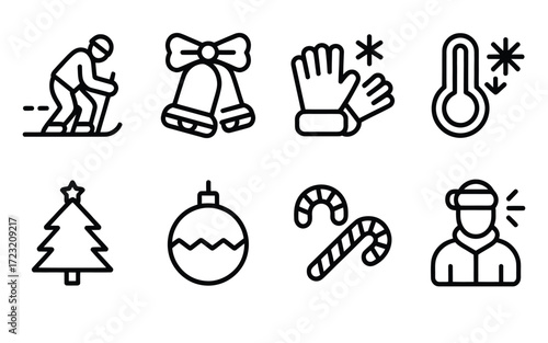 Festive winter icons set snow christmas holiday celebrations skiing decorations