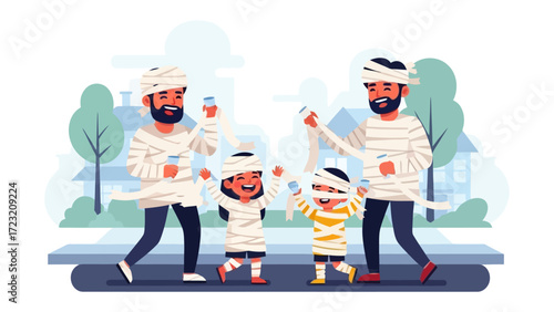 Halloween Fun: A vibrant, vector-style illustration features two pairs of family members delightfully costumed as mummies.