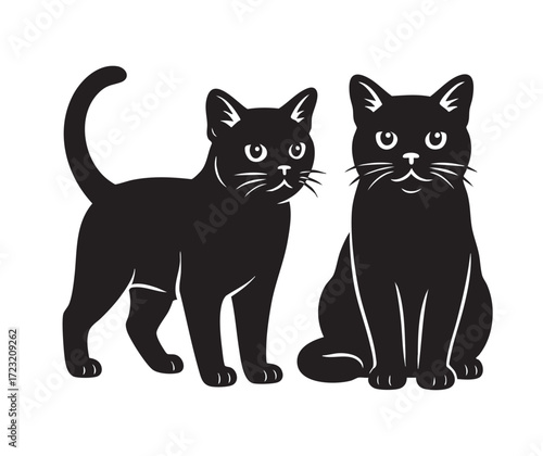 Vector of a sleek, black Bombay cat is shown in two poses: standing and sitting. This vector illustrates the breed's striking, glossy black coat and captivating golden eyes. pet.