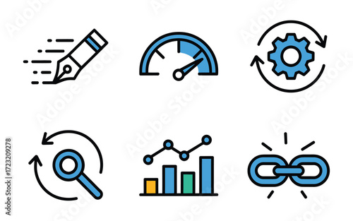 Set of six modern icons representing digital marketing strategy and business growth concepts