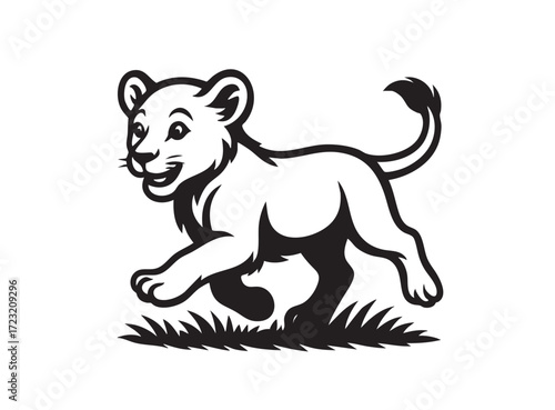 Vector of playful lion cub runs happily through a grassy field. This lively vector captures the energetic and endearing spirit of the young king of the jungle.