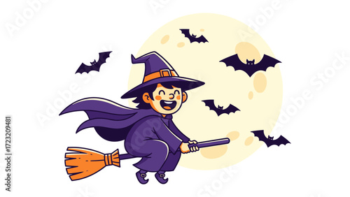 Halloween Witch on Broom: A whimsical cartoon witch, complete with hat, cape, and a jovial grin, joyfully soars across a moonlit night sky, broom in hand, surrounded by playful bats.
