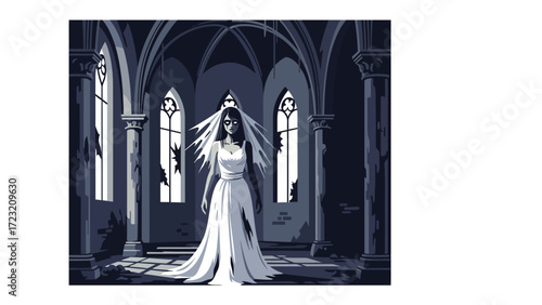Ghostly Bride in the Forgotten Church: A spectral bride stands within a weathered church, her white gown contrasting with the somber hues of the haunting sanctuary.
